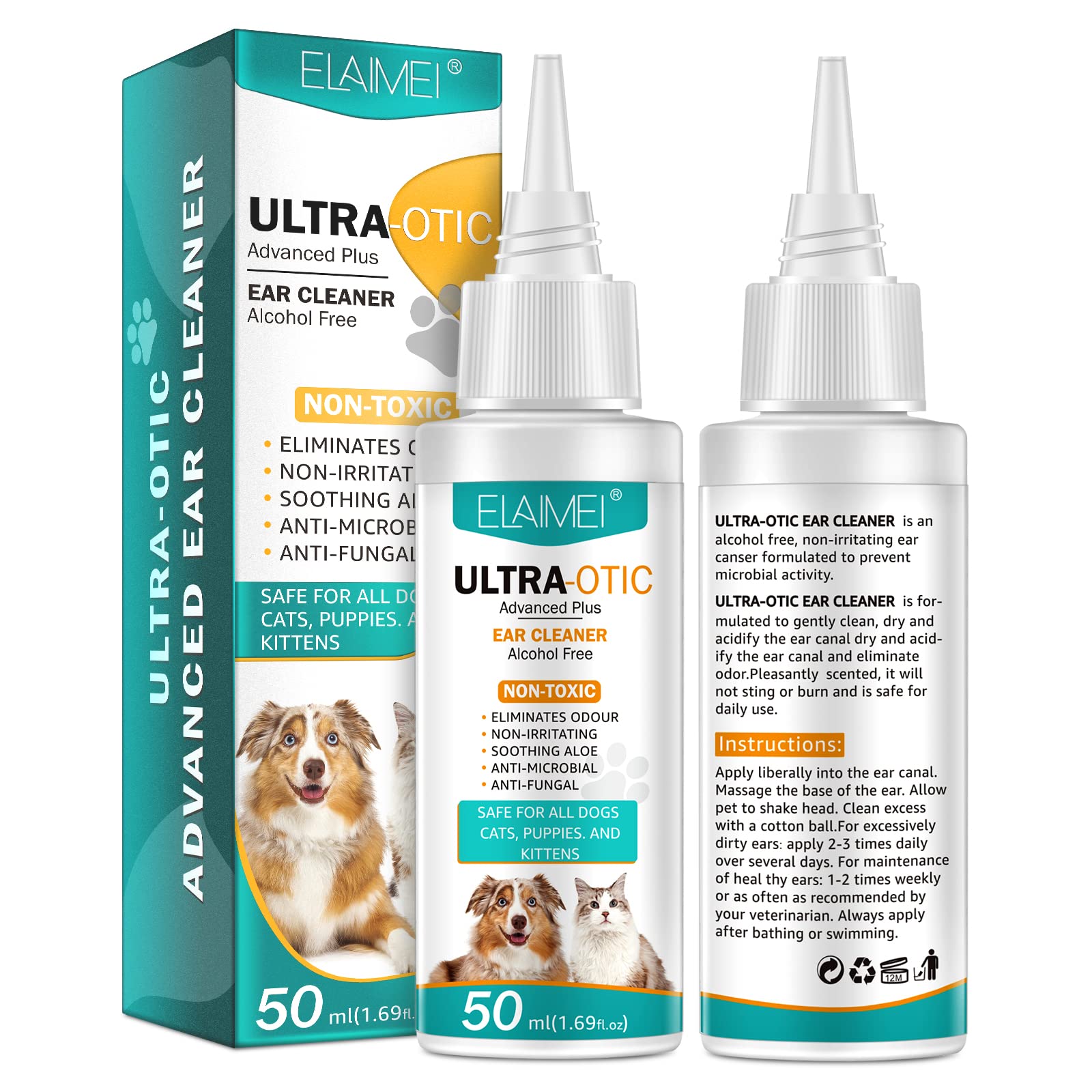 Ear Cleaner for Dogs and Cats 2x50ml, Ear Drops Dog & Cat for Infection Antibiotics, Ear Care,Ear Mite Treatment, Ear Infection Treatment for Itchy Ear Relief Soothe Ear Inflammation,Removes Wax Odor