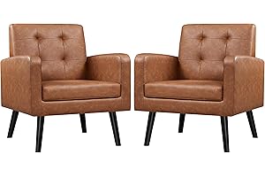 Yaheetech Mid-Century Accent Chairs, PU Leather Modern Upholstered Living Room Chair, Cozy Armchair Button Tufted Back and Wood Legs for Bedroom/Office/Cafe, Retro Brown 2 PCS