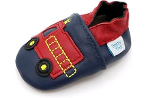Dotty Fish Boys Soft Leather Baby & Kids Shoes - Barefoot-Friendly, Soft Non-Slip Suede Sole, Podiatrist Recommended, Breathable Leather, British Brand – Fun Designs with Transport Vehicles 0–4 Years