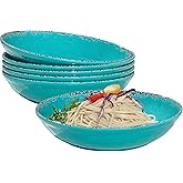ZAROCRUS Farmhouse Melamine Pasta Bowls Set of 6, 42 OZ Shallow Individual Bowl, Melamine Pasta Plates and Salad Bowls sets, Dishwasher Safe Serving,Snack bowl,Fruit Bowl, Teal