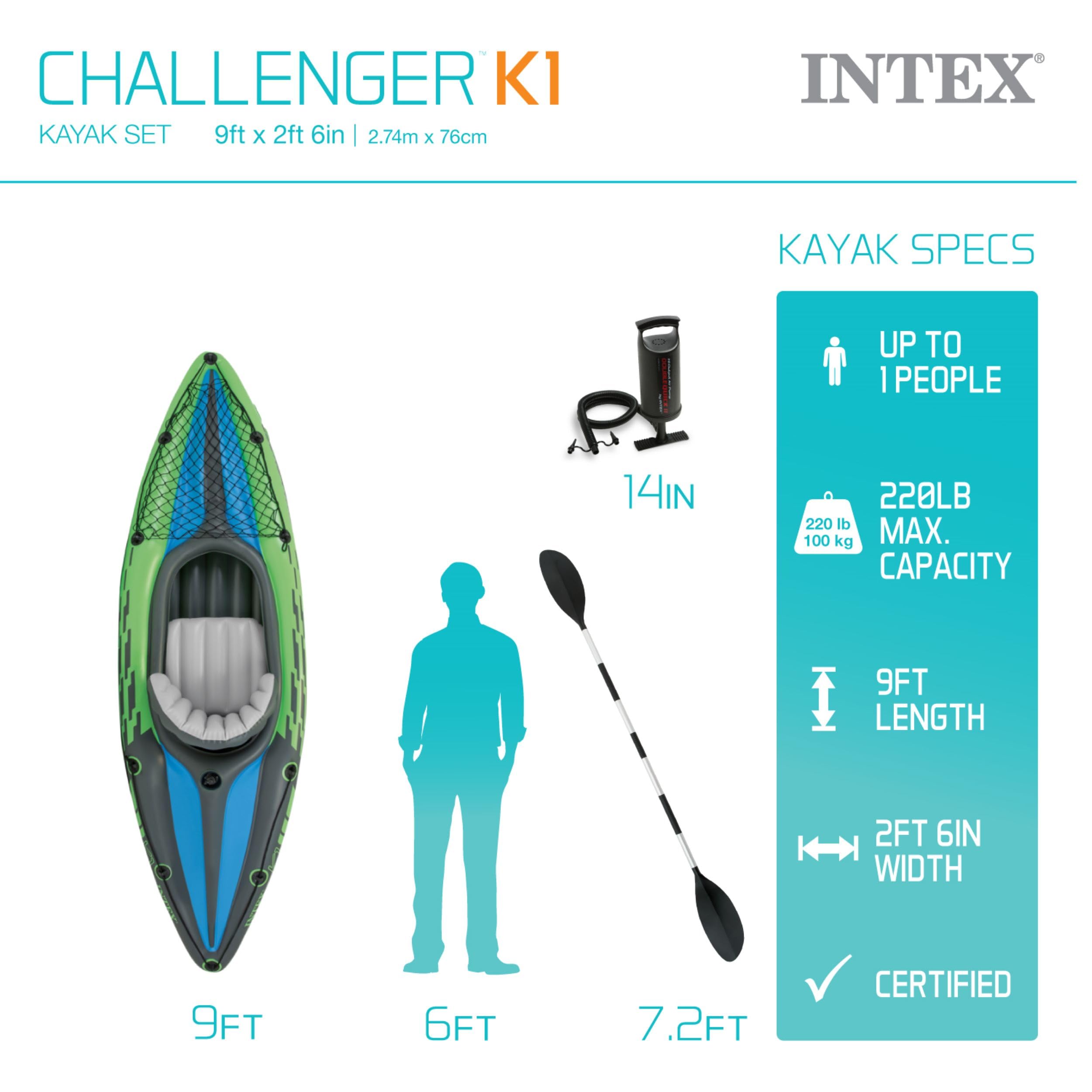 INTEX 68305EP Challenger K1 Inflatable Kayak Set Includes Deluxe 86in Aluminum Oar and High