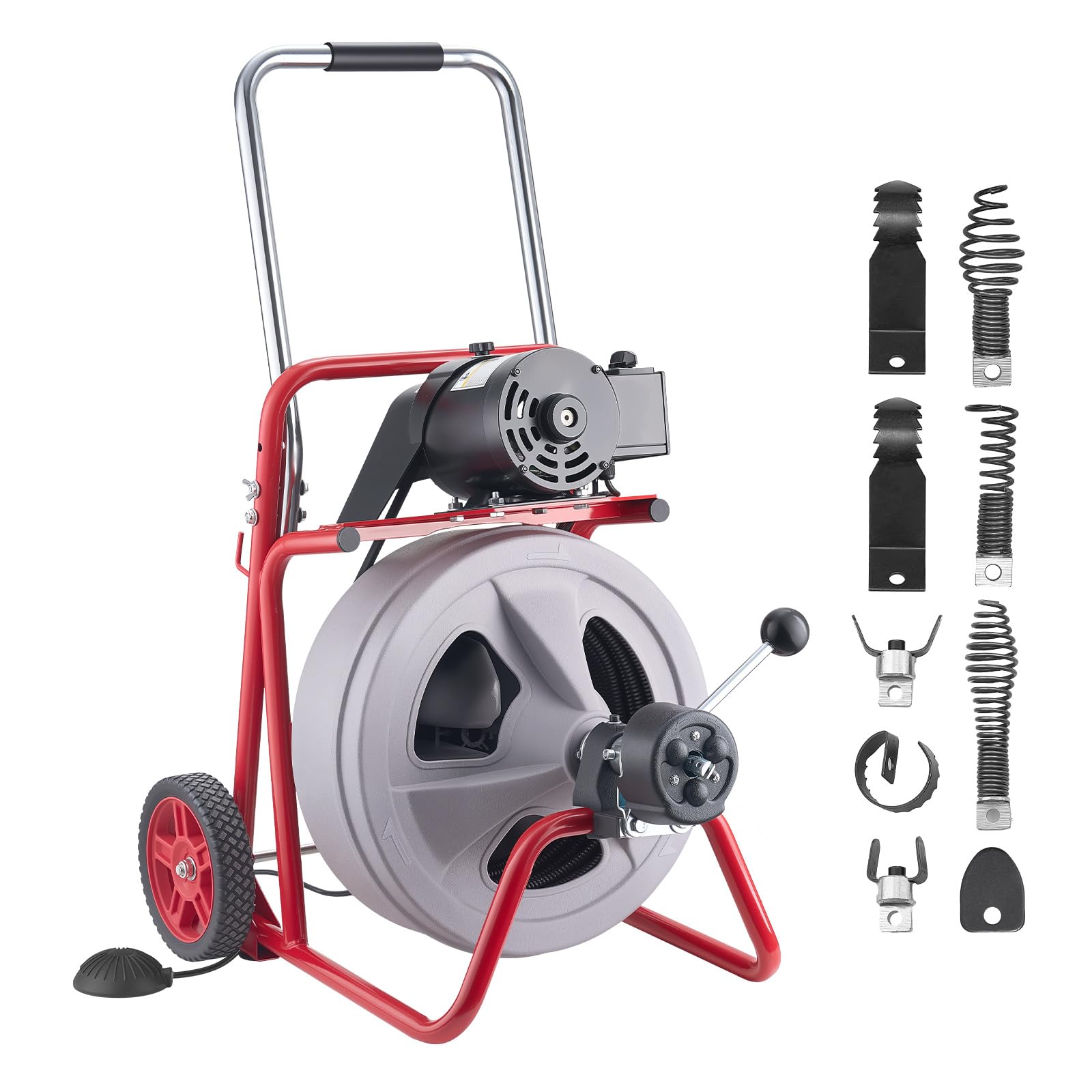 Photo 1 of VEVOR Drain Cleaner Machine 100 FT x 1/2 Inch, Auto Feed Sewer Snake Drain Auger on Wheels, Portable Drain Cleaning Machine with 8 Cutters & Air-Activated Foot Switch for 2" to 6" Pipes