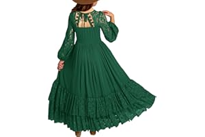 MITILLY Girls Boho Long Sleeve Backless Lace Flower Square Neck Tiered Ruffle Swing Party Maxi Dress