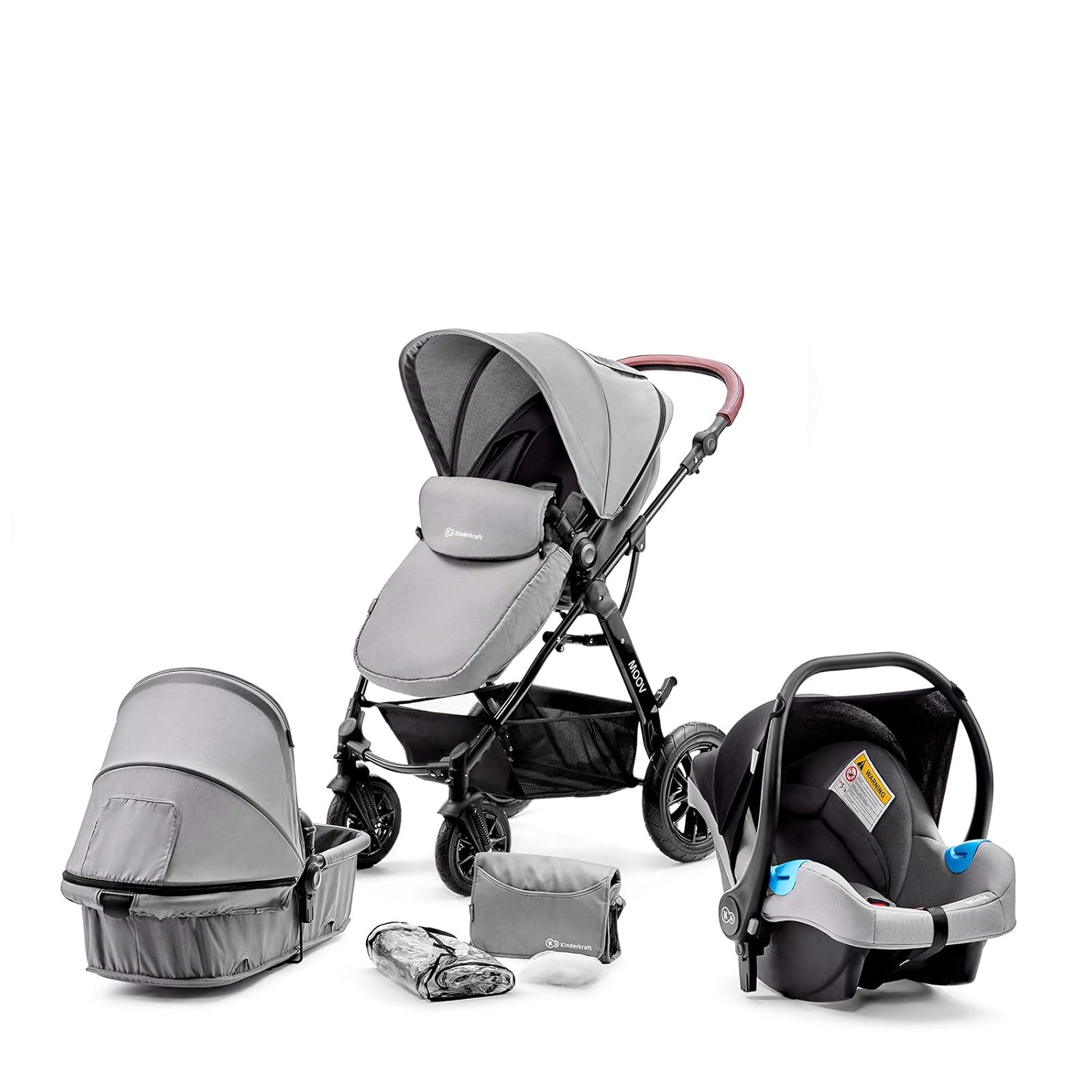 Kinderkraft Kinderwagen 3 in 1 MOOV, Kinderwagenset, Sportwagen, Buggy und Tragewanne in Einem, Babyschale, Große Räder, Luftreifen Hohe, Verarbeitungsqualität, Bequemer, Grau