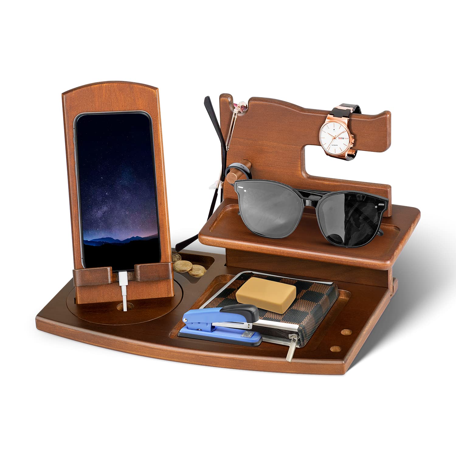 1STKER Gifts for Men - Wood Phone Docking Station Mens Gifts for Christmas Boyfriend Anniversary Birthday for Him Bedside Organiser Nightstand Key Wallet Stand Xmas Presents for Dad Husband