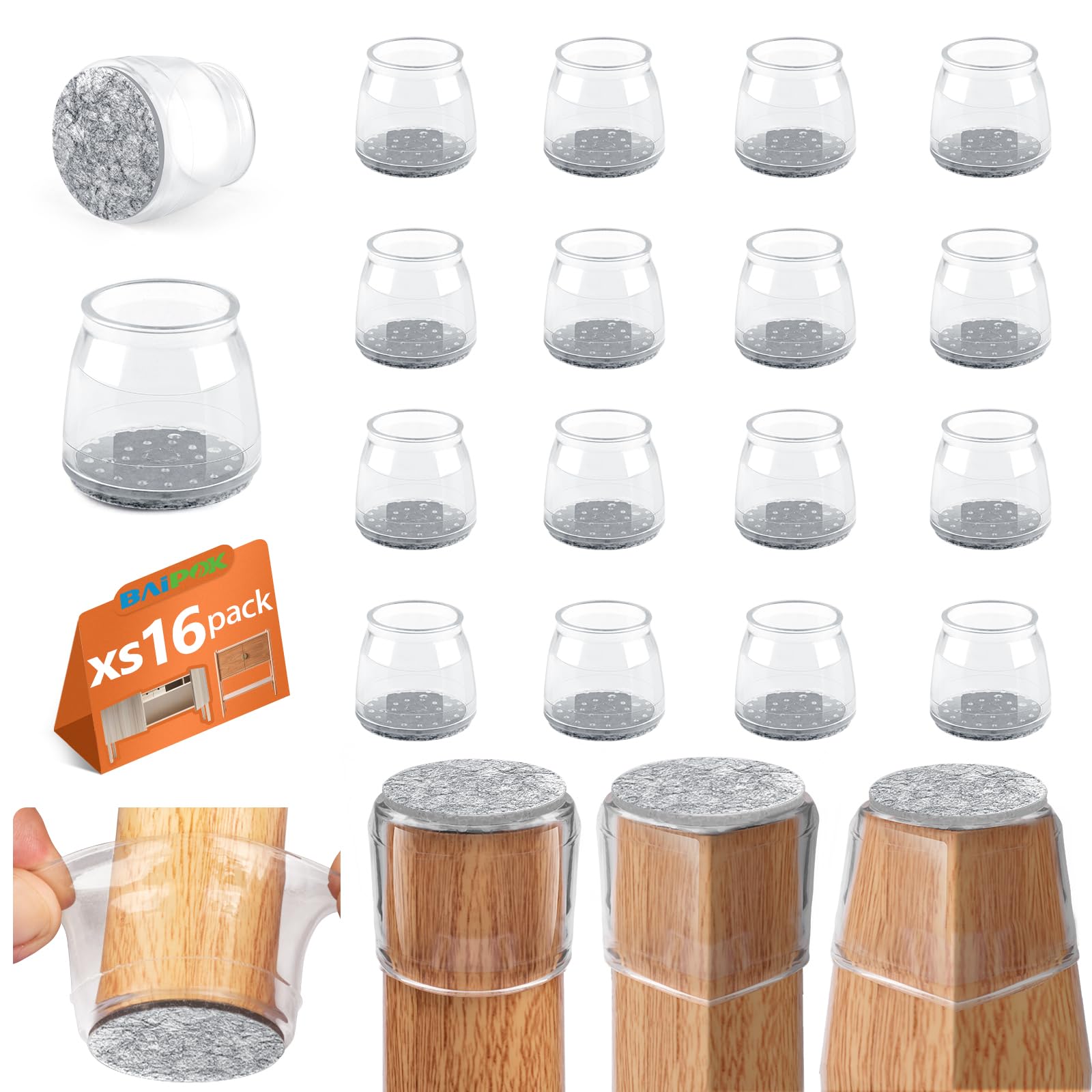 Photo 1 of 16pcs Round Chair Leg Floor Protectors, Felt Pads Chair Leg Protectors for Hardwood Floors, Silicone Chair Leg Cups Covers Felt Pads, Prevents Scratches & Reduce Noise, Clear, X-Small