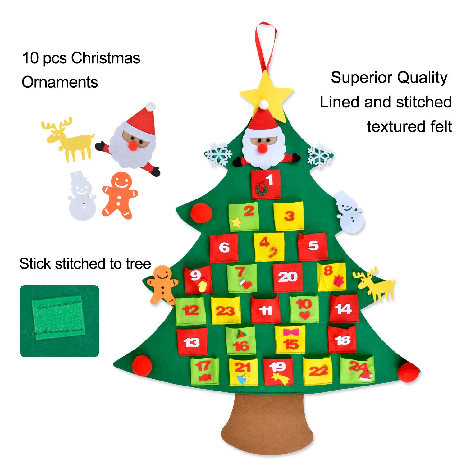 Coxeer Felt Christmas Tree Advent Calendar Pocket Count Down Calendar DIY Xmas Wall Hanging Tree Calendars with 10 PCS Ornaments Gift for Kids Christmas Decorations