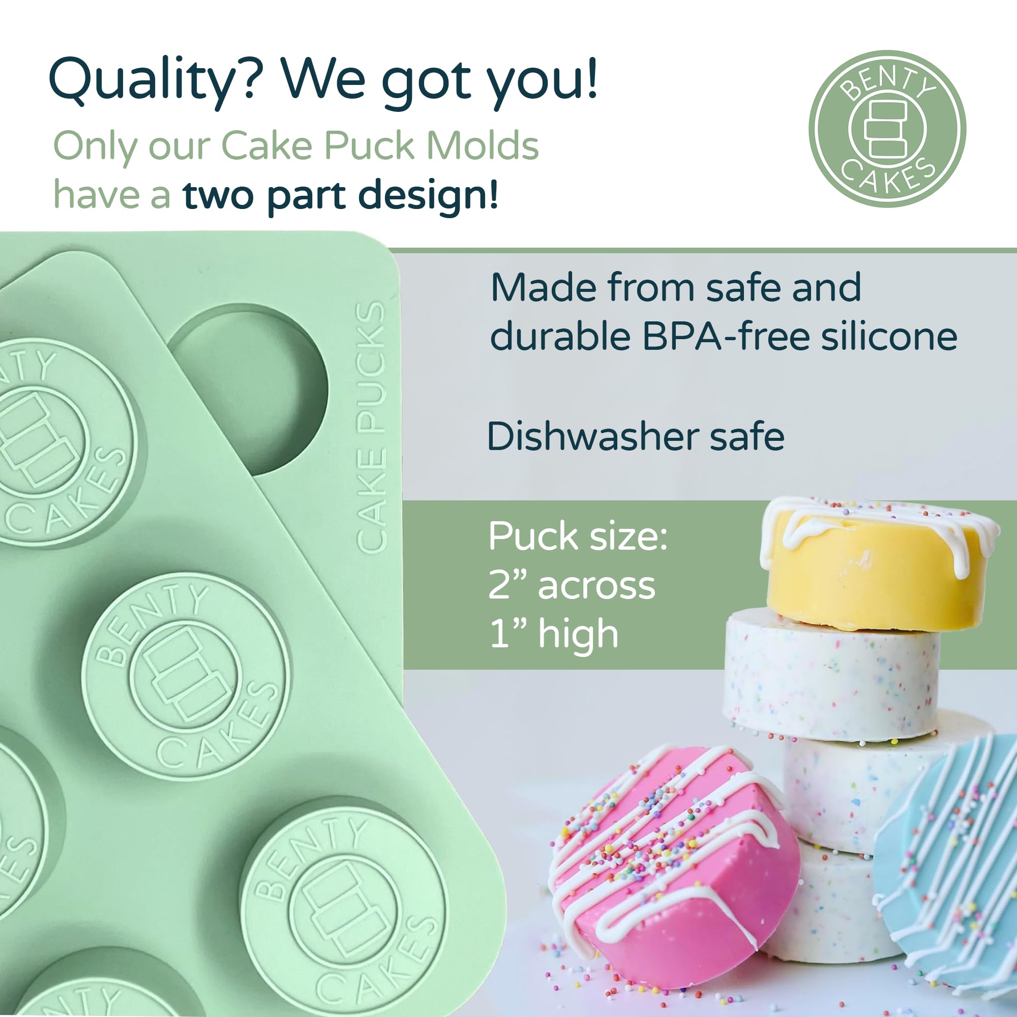 Benty Cakes – The Original CakePuck Baker Bundle – Better than a Cake Pop! Make Chocolate Covered Dessert – BPA Free Silicone – Includes 3 Mold Sets + 5 Trays + 6 Scrapers – Green