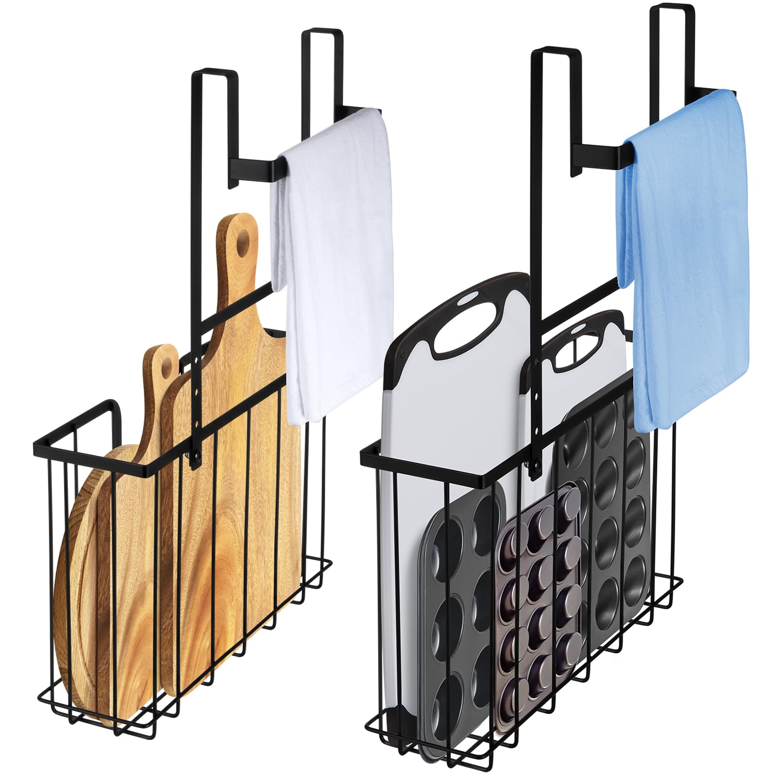 ORLESS 2-Pack Kitchen Cabinet Door Organizer, Over Cabinet Door Organizer with Towel Bars, Over The Cabinet Hanging Storage Basket for Cutting Board, Foil, Plastic Wrap, Baking Sheet, Cookie Sheet