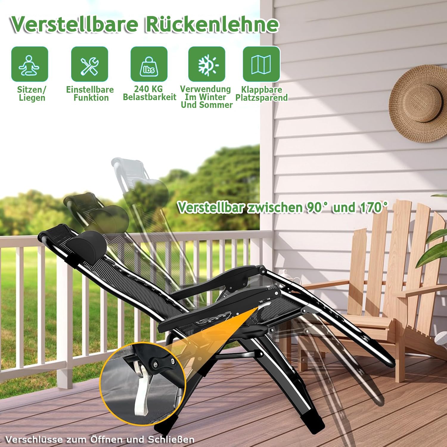 haiorjun Sonnenliege Liegestuhl Klappbar 200kg Belastbar Klappbare Gartenliege mit Abnehmbare Kissen und Auflage, Extra Breite 72 cm Relaxliege Garten Verstellbare Rückenlehne Balkonliege 4
