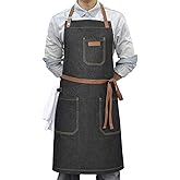 DingSay Trendy Denim Chef Apron with Pockets, Mens Womens Professional Kitchen Bib Black Apron for Cooking Grill BBQ Server, with Towel Loop and Adjustable Neck Straps