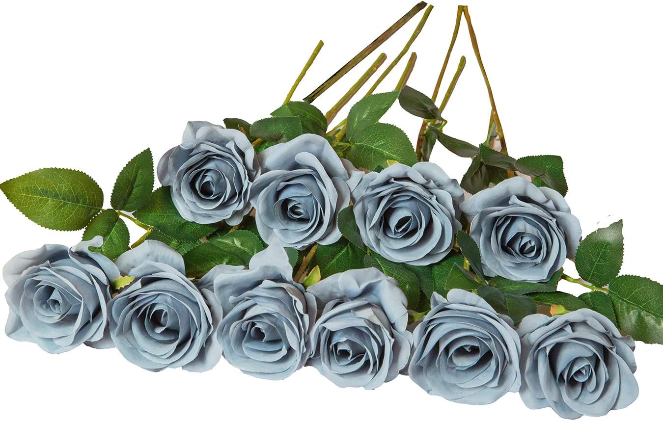 DuHouse 10Pcs Artificial Roses Fake Silk Flowers Realistic Bridal Bouquets with Single Long Plastic Stems for Arrangement Wedding Table Centerpiece Party Home Decor(Dusty Blue)