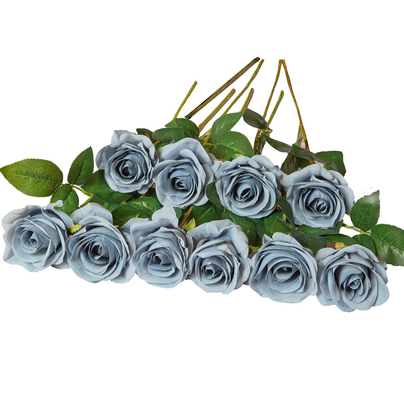 DuHouse 10Pcs Artificial Roses Fake Silk Flowers Realistic Bridal Bouquets with Single Long Plastic Stems for Arrangement Wedding Table Centerpiece Party Home Decor(Dusty Blue)