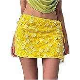 MakeMeChic Women's Mesh 3D Floral Mini Skirt Low Waist Sequin Tie Side Summer Skirts