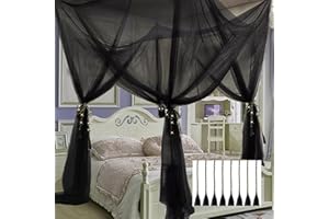Moustiquaire de lit, 4 poteaux d'angle, rideaux de lit avec 8 crochets de suspension, sangle de 9,1 m, 4 pendentifs à pompons