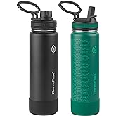 ThermoFlask Stainless Steel Water Bottles 2-Pack - Double-Wall Vacuum Insulated 24 oz BPA-Free Spout Lids - Keeps Drinks Cold 24 Hrs, Hot 12 Hrs - Leakproof, Dishwasher Safe, Black/Malachite