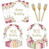 96PCs Happy 80th Birthday Party Supplies for Women 80th Birthday Floral Birthday Plates and Napkins Forks Blush Pink Bday Tableware Party Supplies Decorations