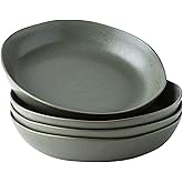 AmorArc 9.75'' Ceramic Large Pasta Bowls, 38oz Stoneware Flat Serving Bowls Set of 4, Oven,Microwave&Dishwasher Safe Bowls with Wavy Rim for Fruit Pasta Salad Meal, Reavtive-Matte