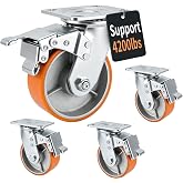 TKU 5" Caster Wheels, Heavy-Duty Casters Set 4 - Total Locking with Swivel | 4200 LBS Load, Non-Marking Polyurethane on Steel Core, Replacement Industrial Castor Wheels for Carts, Workbench &amp; Toolbox