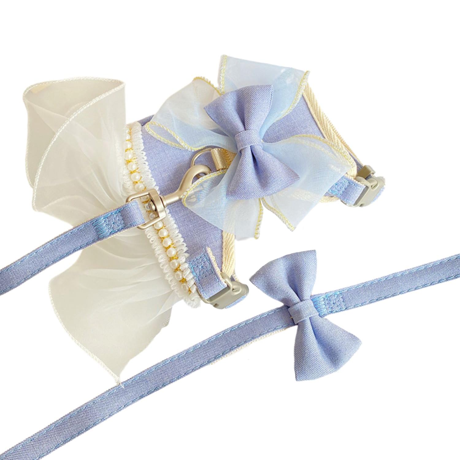 MeiAOBest Dog Harness Skirt with Leash,Sweet Dog Dress Harness with Bow-Tie Pearls,Soft Tutu Vest Pet Clothes for Cats Puppy Small Dogs_L(Purple Blue)