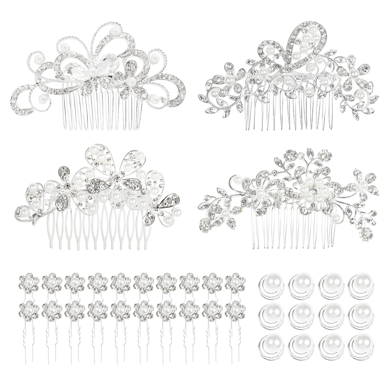 Cinaci 36 Pack Sparkly Silver Rhinestone Pearl Bridal Hair Side Combs Slides+U-shaped & Twist Hair Pins Clips Barrettes Wedding Headpieces Accessories for Women Girls Brides Bridesmaids