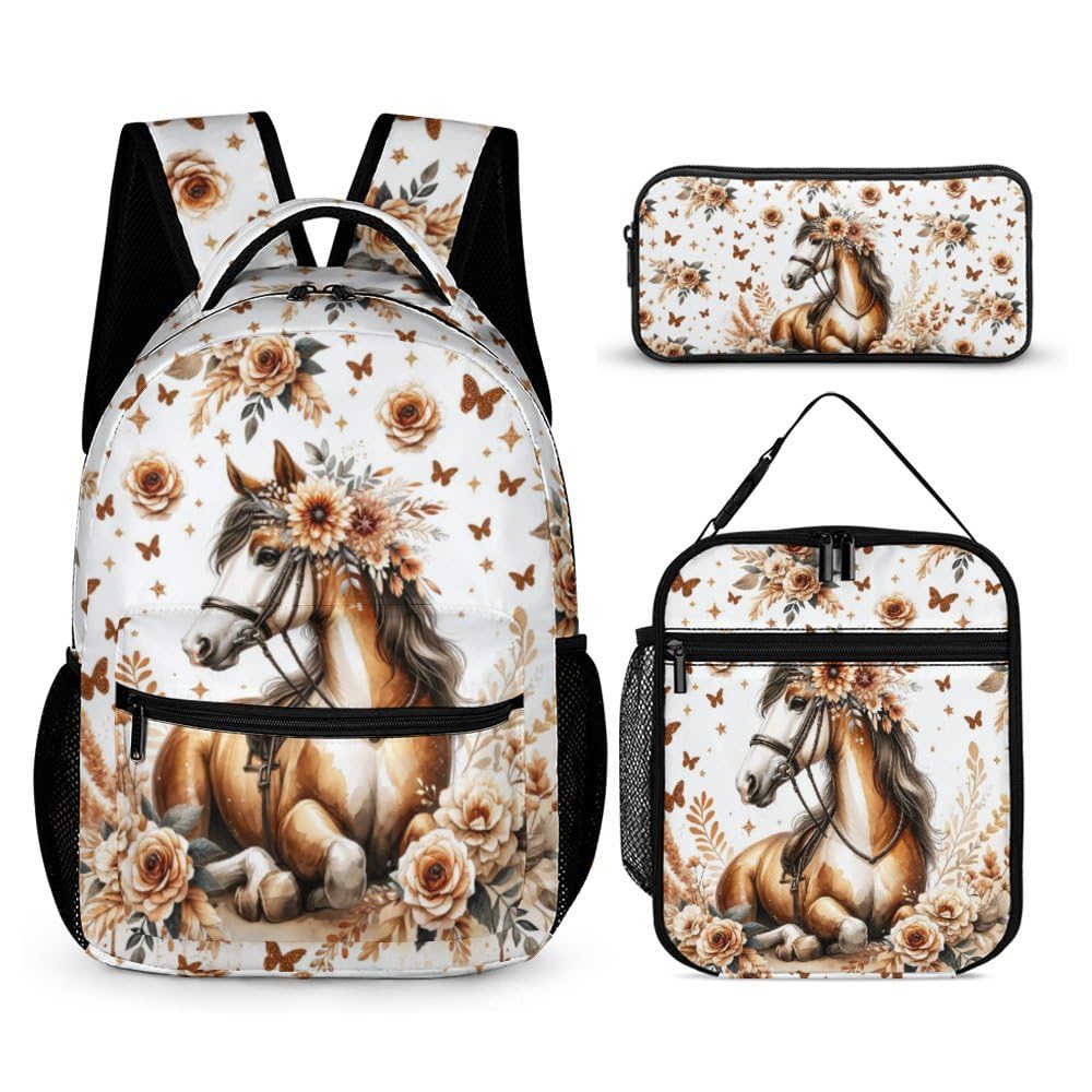Photo 1 of Horse Backpack with Lunch Bag & Pencil Case, 16 Inch Cute Horse Themed Bookbag, Adjustable Lightweight Large Capacity, Horse Backpacks Set for Kids Girls Boys Lovers