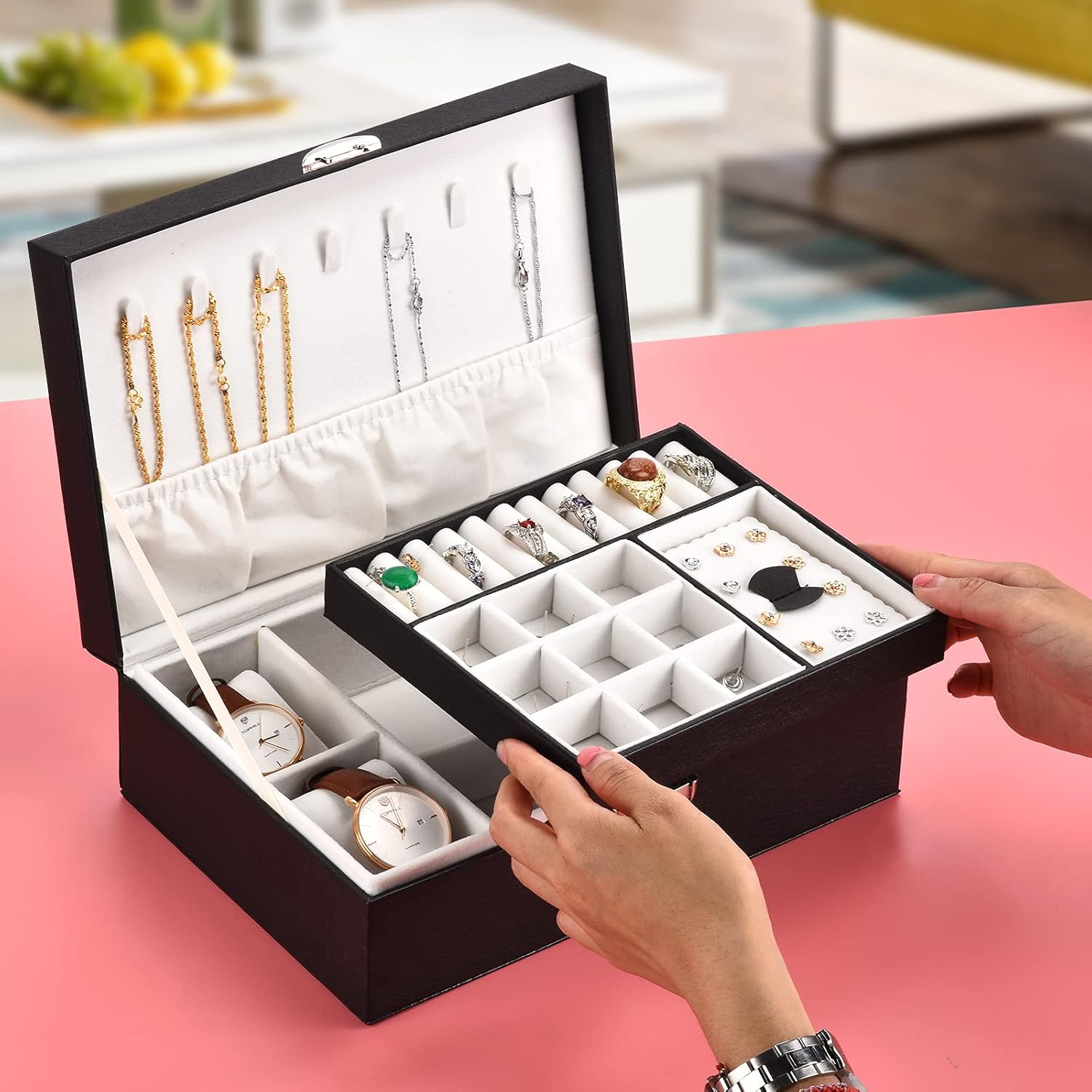 PUFIER Two Layer Senior Flannel Jewelry Organizer with 2 Watch Case Jewelry Box Waterproof Leather Jewelry Storage Case Necklace Rings Earings Display Holder for Women Girls gift: Home Improvement
