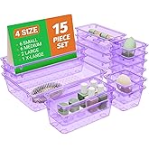 SpaceHacks 15 PCS Plastic Drawer Organizer Set, Drawer Storage Trays | 4-Size Acrylic Drawer Storage Trays, Storage Bins for Makeup, Gadgets, and Jewelry in Bathroom, Bedroom and Office