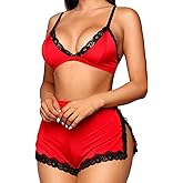 RSLOVE Sexy Pajamas for Women Soft Lingerie Set Lace Trim Sleepwear 2 piece Pjs Shorts Set