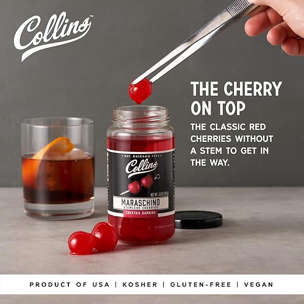 COLLINS STEMLESS MARASCHINO CHERRIES, GARNISH FOR COCKTAILS, DESSERTS, MANHATTANS, AND OLD FASHIONED, GOURMET SNACKING CHERRIES FOR HOME AND BAR, 10OZ