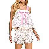 Sastianaen Women Floral Tie Shoulder Pajama Set Sleeveless Ruffle Trim Babydoll Top and Shorts Cute 2 Piece Peplum Outfit