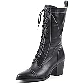 UTIKLIOU Women's Mid Calf Boots Lace up Combat Boots Leather Side Zipper Winter Boots Faux Fur Lining