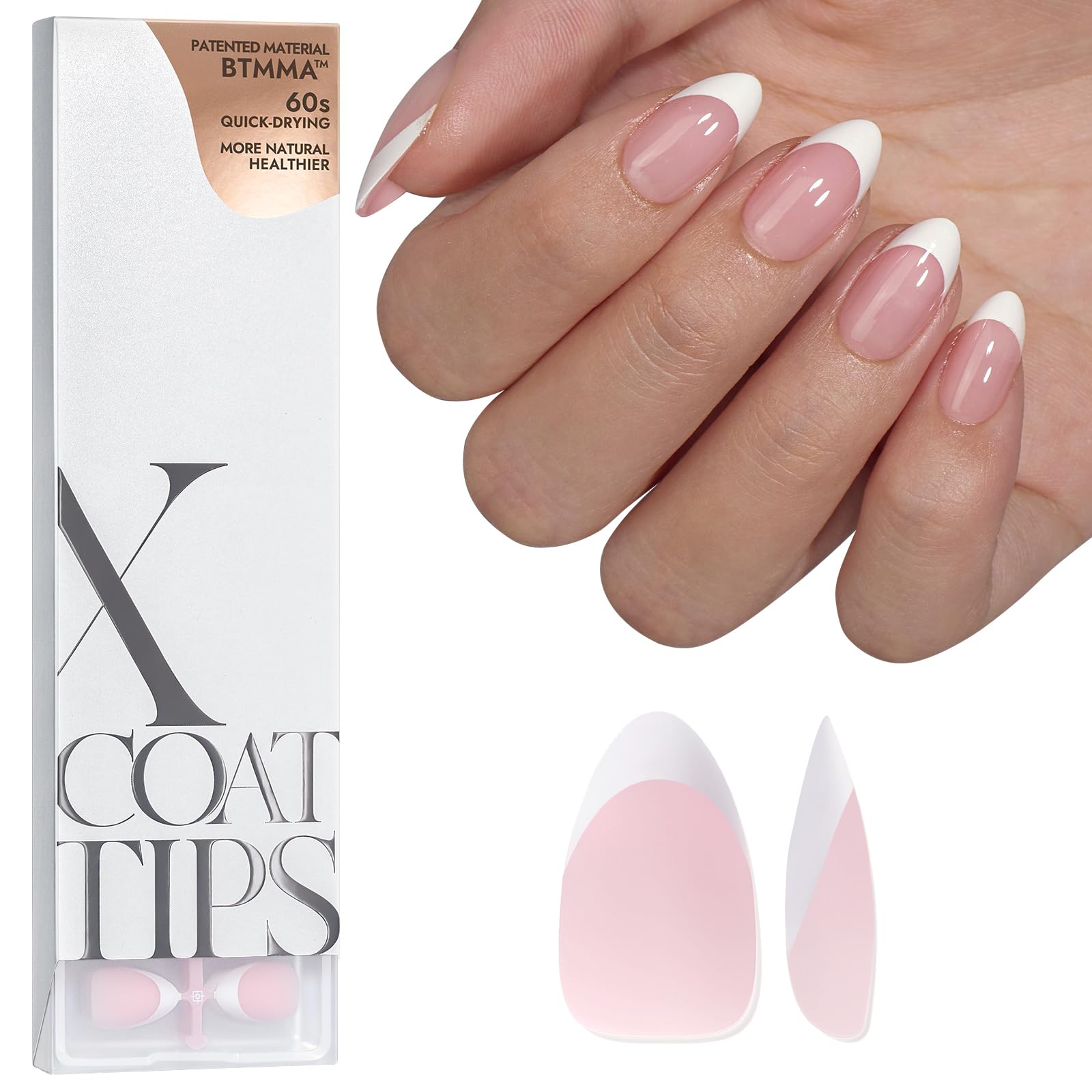 BTArtbox French Tip False Nails - Short Almond Nail Tips for Gel Extensions, XCOATTIPS Press on Nails, Pre-applied Tip Primer & Base Coat Cover, Pink Soft Gel Fake Nails โ image 1