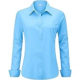 hearain Soft Wrinkle-Free Women's Button Down Dress Shirts Solid Long Sleeve Work Blouses Fit Stretch Casual Tops XXS-6XL