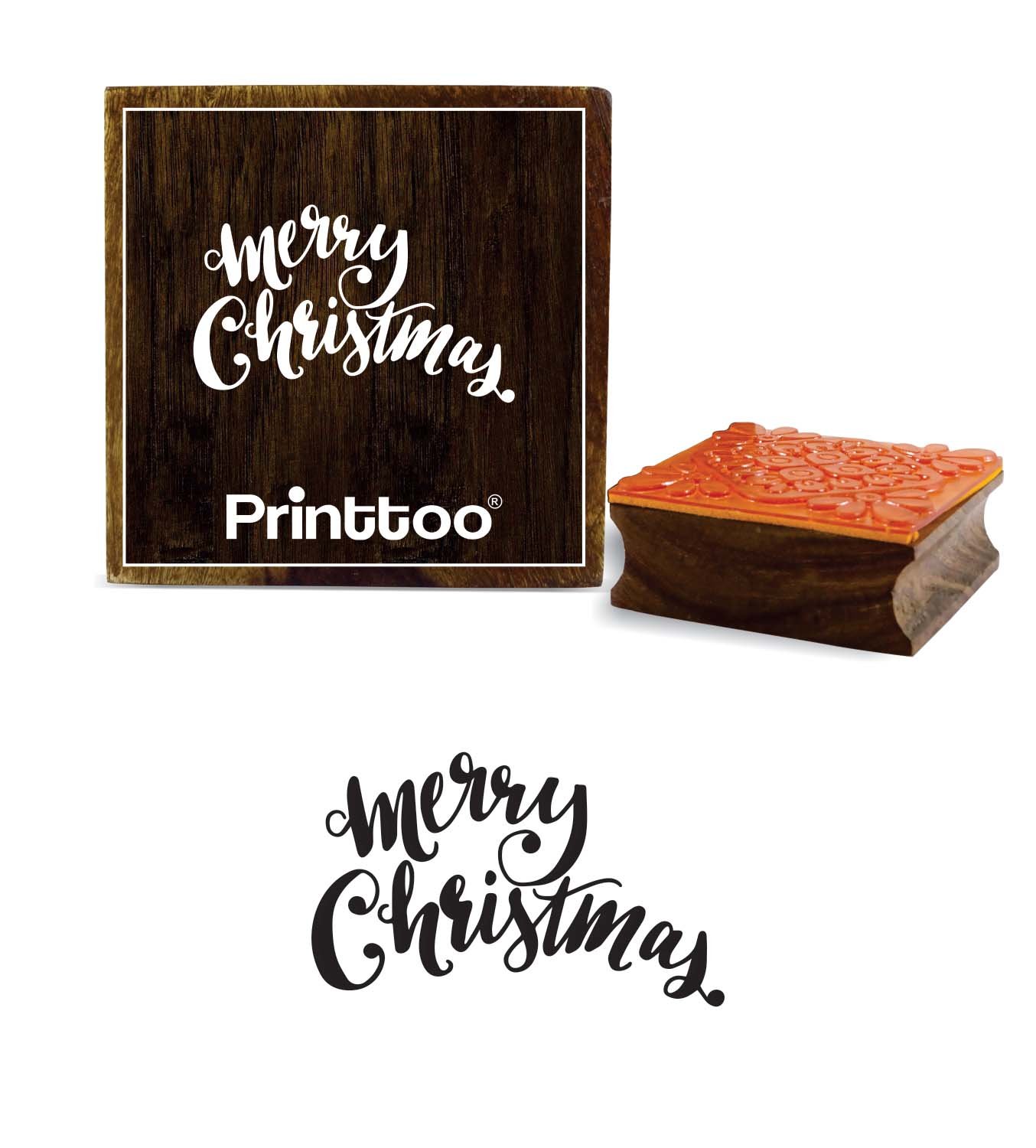 Printtoo Square Wooden Rubber Stamp Merry Christmas Scrap-Booking Craft Textile Stamps-2 x 2 Inches