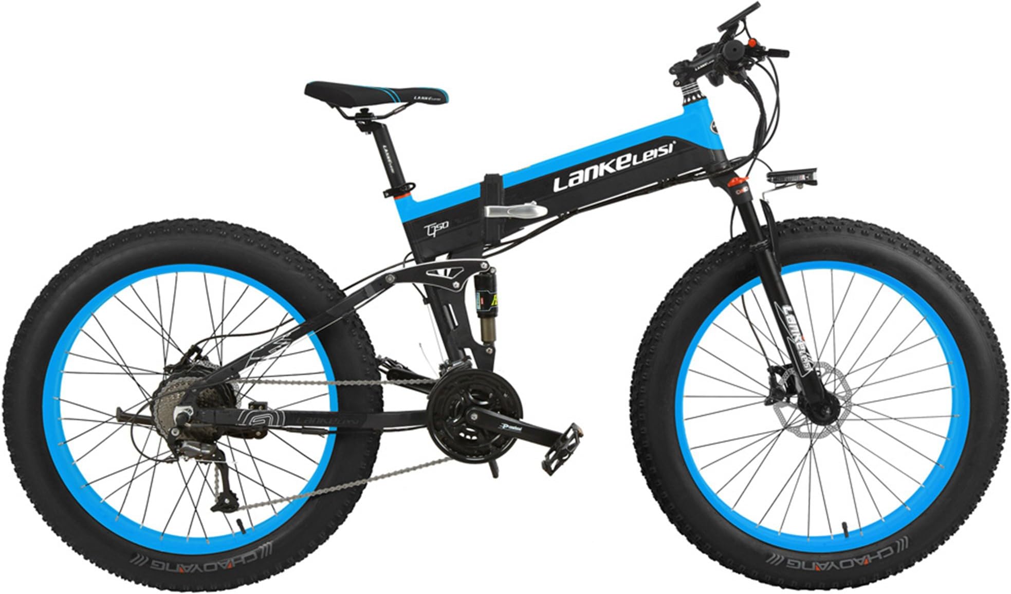 Strong Electric Snow Bike,26" Folding E-Bike,Big Size Fat Wheel,Dual Hydraulic Disc Brake & Suspension,48V 10Ah Li-ion Battery (Black-Blue, 1000W, 48V 14.5Ah Plus 1 Extra Battery)