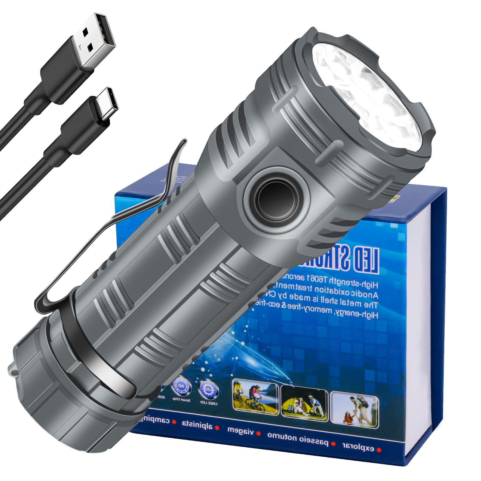 LED Torch Extremely Bright Type-C Rechargeable Torch 500,000 Lumens, 8 Lighting Modes, 8 x LED Waterproof Tactical Handheld Small Torch for Outdoor Hiking Emergencies Camping (Grey)