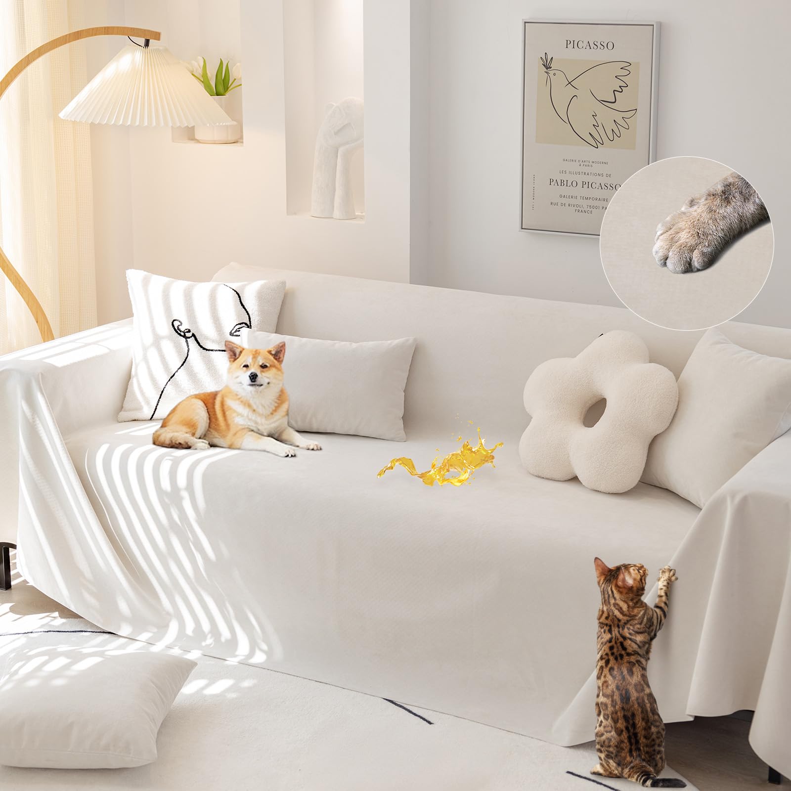 Photo 1 of Osunnus Couch Cover for 3 Cushion Couch Sofa Pet Friendly, Water Resistant Anti Cat Scratch Furniture Protector Sectional L Shaped Sofa Slip Cover for Dogs Washable, Frost White 71" x 150"