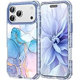 Changjia Glitter Marble Pattern Case for iPhone 17 Pro Max, Cute Heavy Duty 3 in 1 Full Body Shockproof Hard PC+ Soft TPU Bumper Drop Protective Women Girls Phone Case for iPhone 17 Pro Max 6.9", Blue