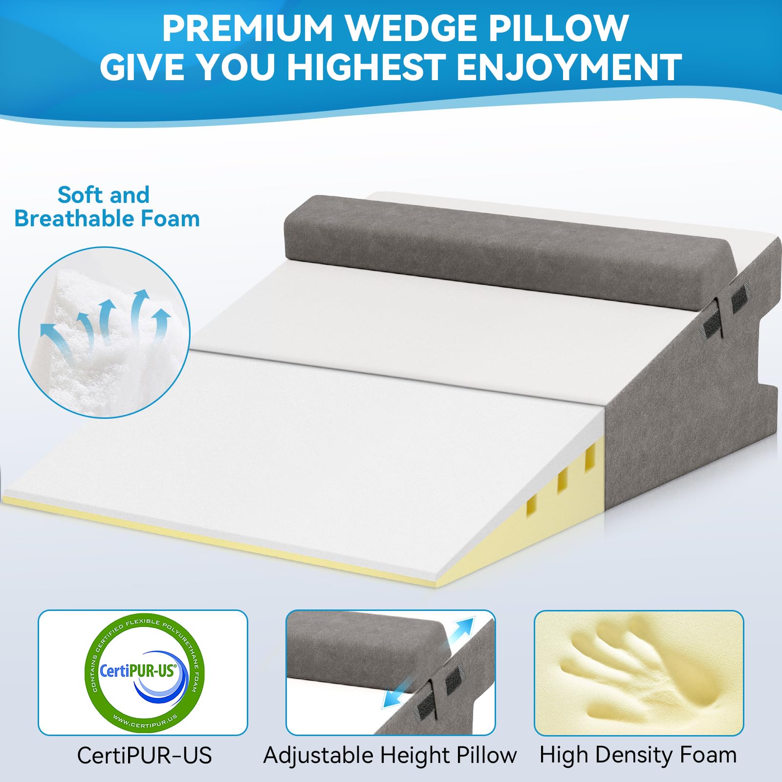 CloudBliss 7.5 inches Bed Wedge Pillow with Memory Foam for Sleeping After Gerd Acid Reflux, Surgery, Relief Back Pain, Adjustable and Breathable Pillow with Washable Cover for Surgery Recovery, Gray
