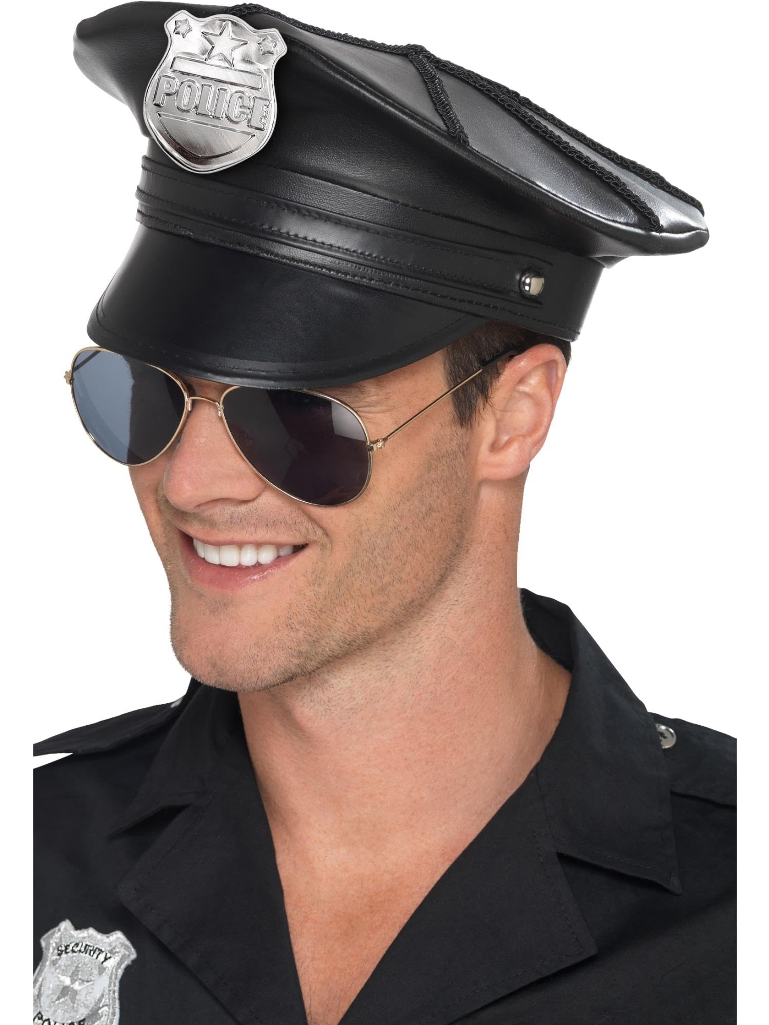 Smiffys Deluxe Police Hat, Black Faux Leather, Cops & Robbers Fancy Dress, Cops and Robbers Dress Up Hats