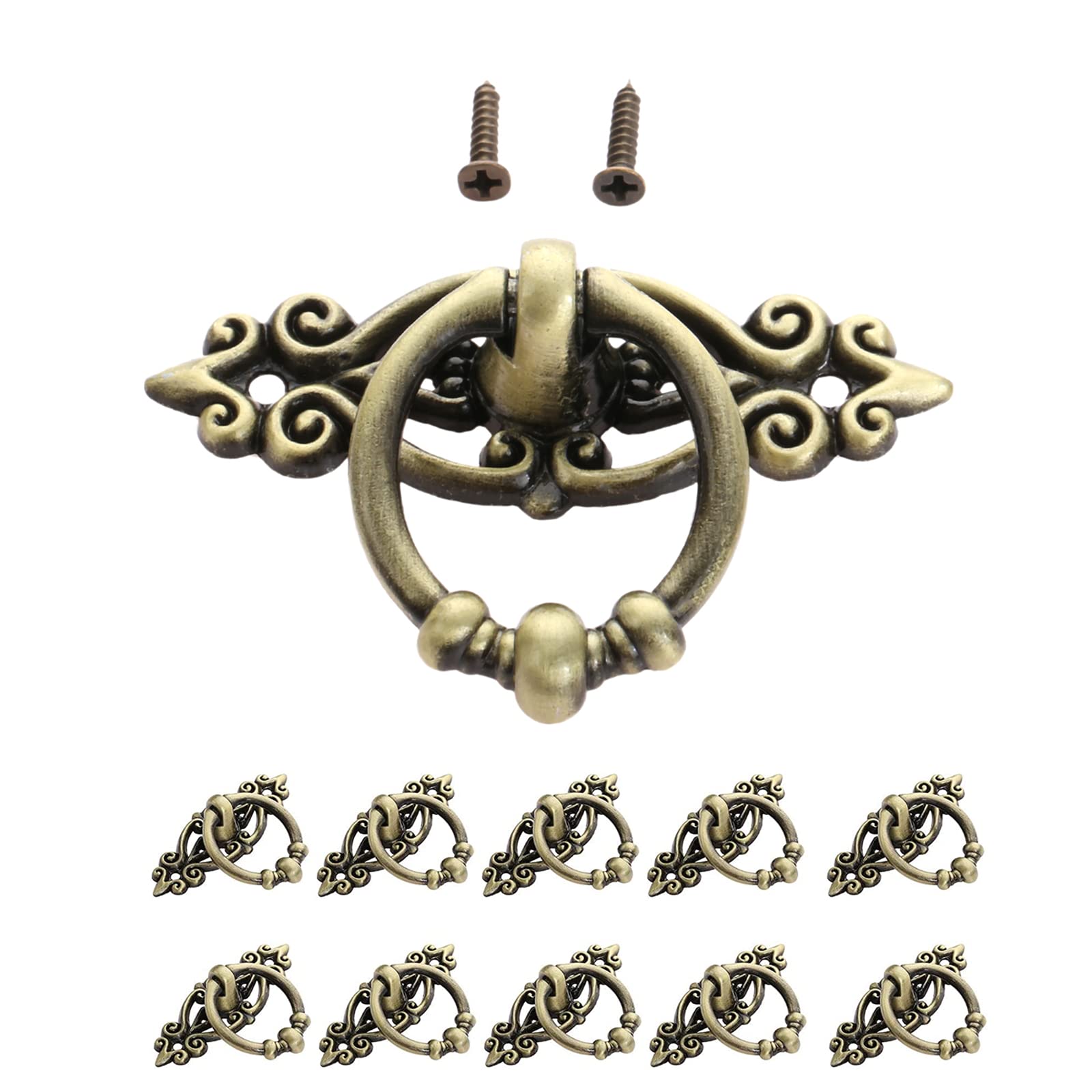 Yetaha Drawer Ring Pull Handles, 10PCS Antique Ring Pull Handle Retro Drawer knobs with Exquisite Pattern for Kitchen Cupboard Furniture 65x46mm, Antique Bronze