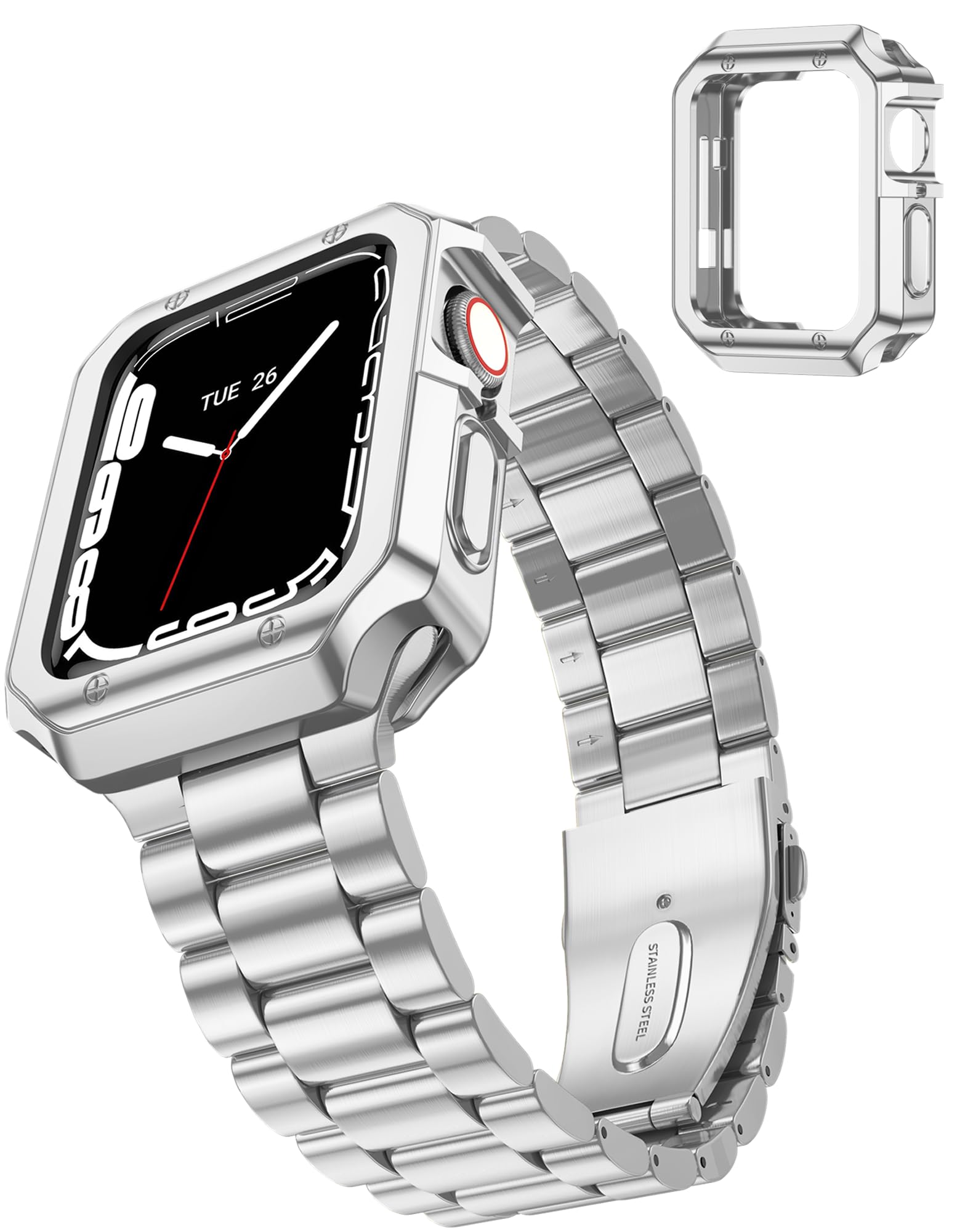 TISIMO Compatible with Apple Watch Band 45mm 44mm 42mm 41mm 40mm 38mm,Stainless Steel Metal iWatch Band with TPU Case for Apple Watch Series 9 8 7 6 5 4 3 2 1 SE Men and Women(38mm 40mm 41mm,Silver)