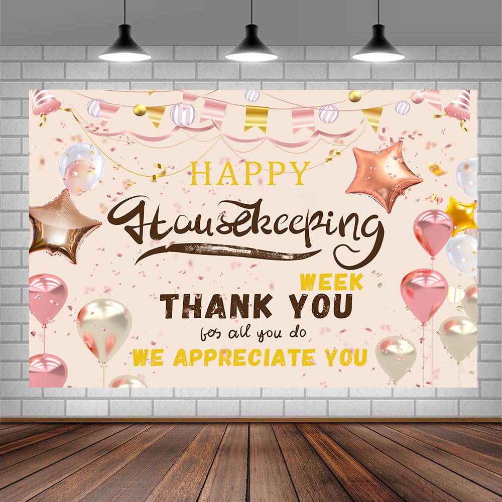 Photo 1 of 10x8ft Happy Housekeeping Week Backdrop, Pink and Rose Gold Thank You for All You Do Theme Background, Custodial Staff Recognition Appreciation Event Party Decorations Banner Studio Props