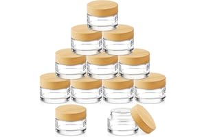 Bumobum 12 Pcs 5 Grams Glass Cosmetic Jars with Plastic Wood-Grain Lids, 5 ml Lip Balm Containers Empty Tiny Sample Jars for Lip Scrub Makeup Eye Cream Travel