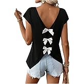 RoseSeek Women's Bow Shirts Short Cap Sleeve V Neck Asymmetrical Backless Tops Elegant Casual Summer Tops