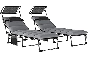 Outsunny Outdoor Chaise Lounge Chairs, 2 PCS Folding Lounge Chairs with Adjustable 5-Position, Cushion, Canopy, Side Pocket, 