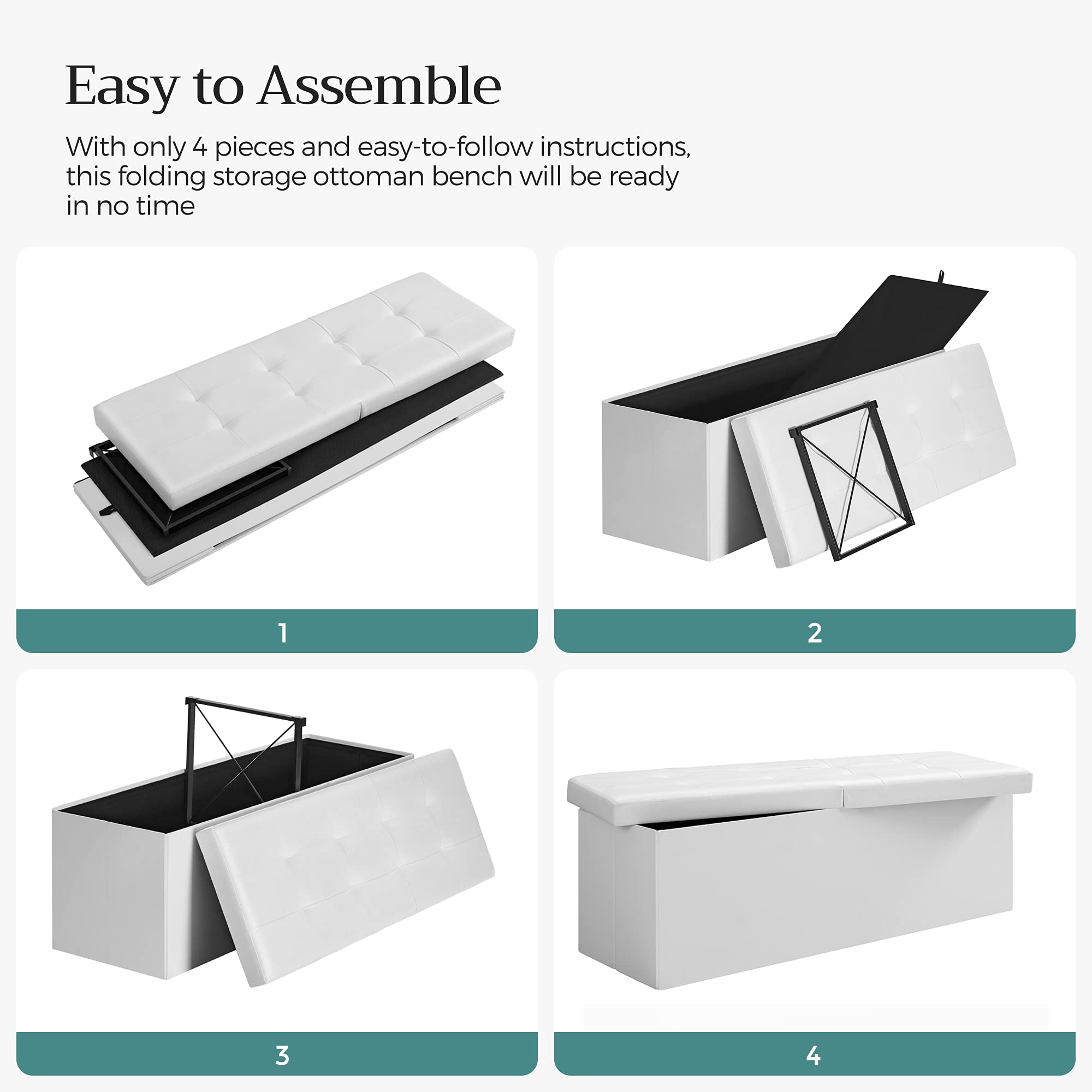 SONGMICS 43 Inches Folding Storage Ottoman Bench with Flipping Lid, Storage Chest Footrest Padded Seat with Iron Frame Support, White ULSF75WT