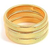 ORIGENCE Chunky Stretch Bangles Thick Gold Bracelets for Women Chunky Snake Chain 18K Gold Plated Stainless Steel Bracelets for Women Flexible Wristband 3PCS Bangle Set