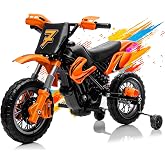 12V Kids Motorcycle, Up to 3.1mph - Electric Bike for Kids, Ride on Motorcycle with Training Wheels, Self-Control Throttle Grip, Treaded Tires, Music, Horn, Spring Suspension (Orange)
